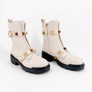 Valentino Garavani Roman Stud Combat Boots Size 37.5 US 7.5 White Leather Ankle